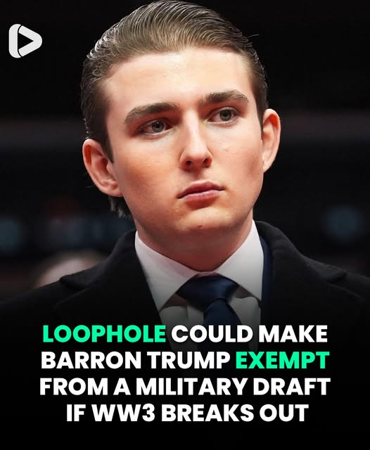 The image presents a striking and thought-provoking narrative, pairing the face of Barron Trump with a bold headline suggesting that a legal “loophole” could exempt him from a potential military draft in the event of a third world war. Whether interpreted as commentary, speculation, or provocation, the message taps into deeper questions about power, privilege, responsibility, and the expectations placed on those born into influential families.
